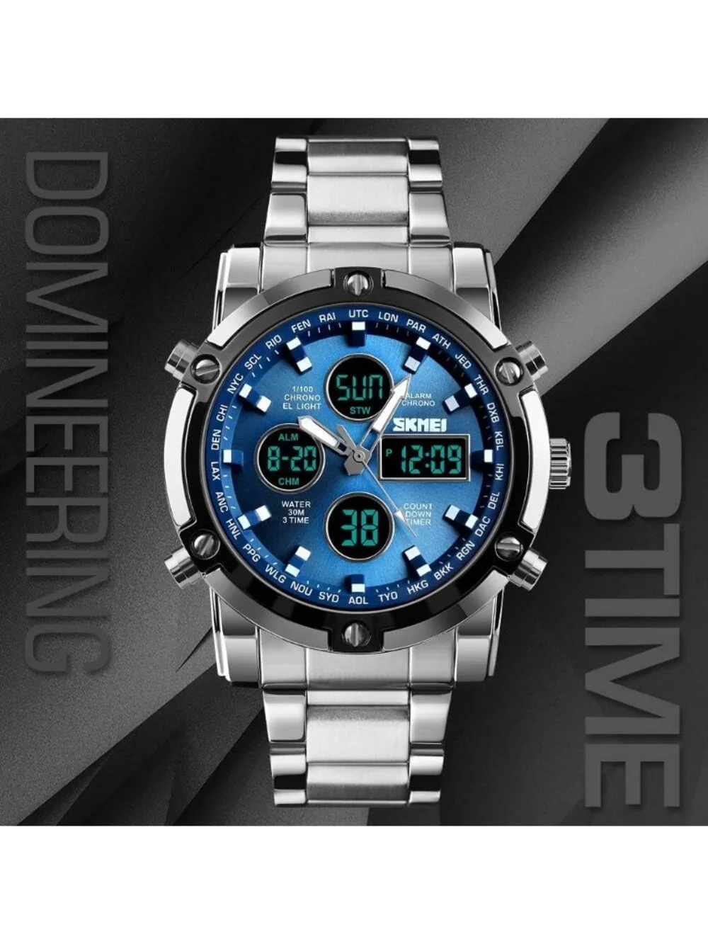 Men’s Silver Blue Analog-Digital Stainless Steel Large Face Chronograph Watch
